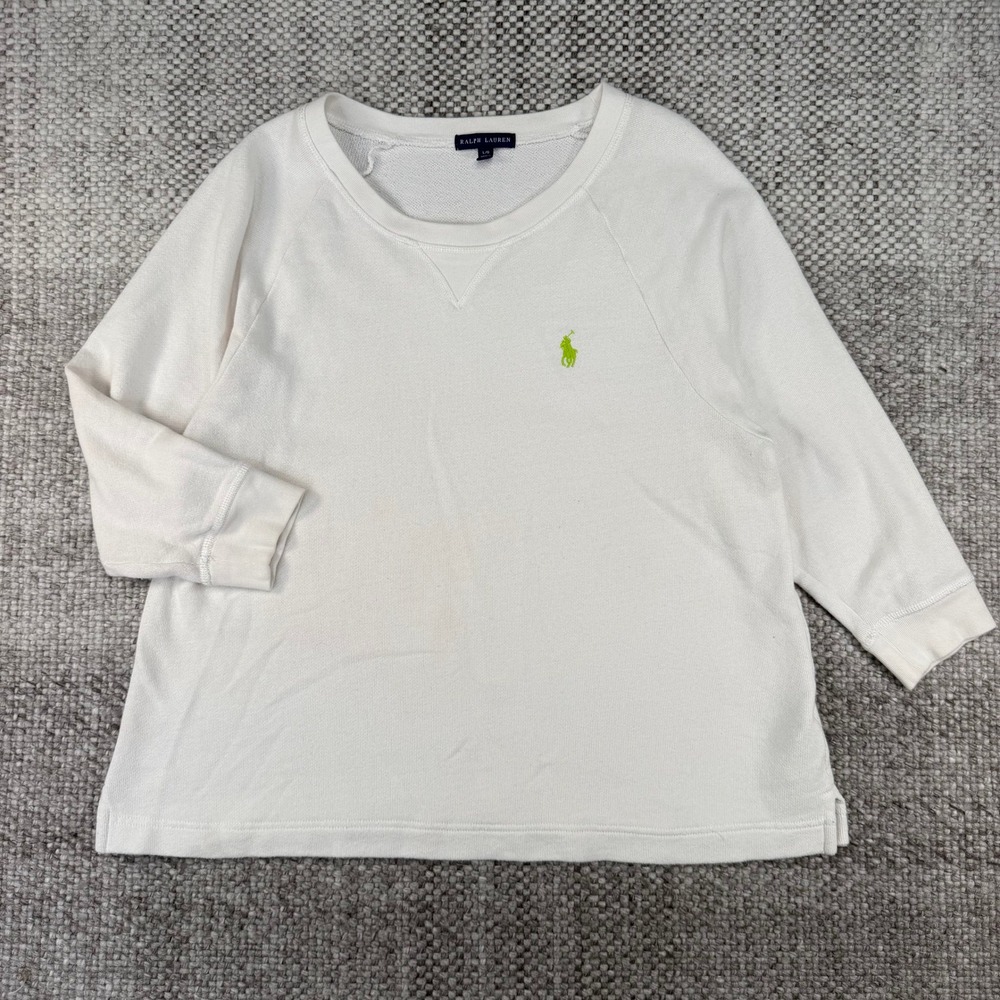 Ralph Lauren Womens White Sweatshirt Lime Green Pony Logo 3/4 Sleeve Large